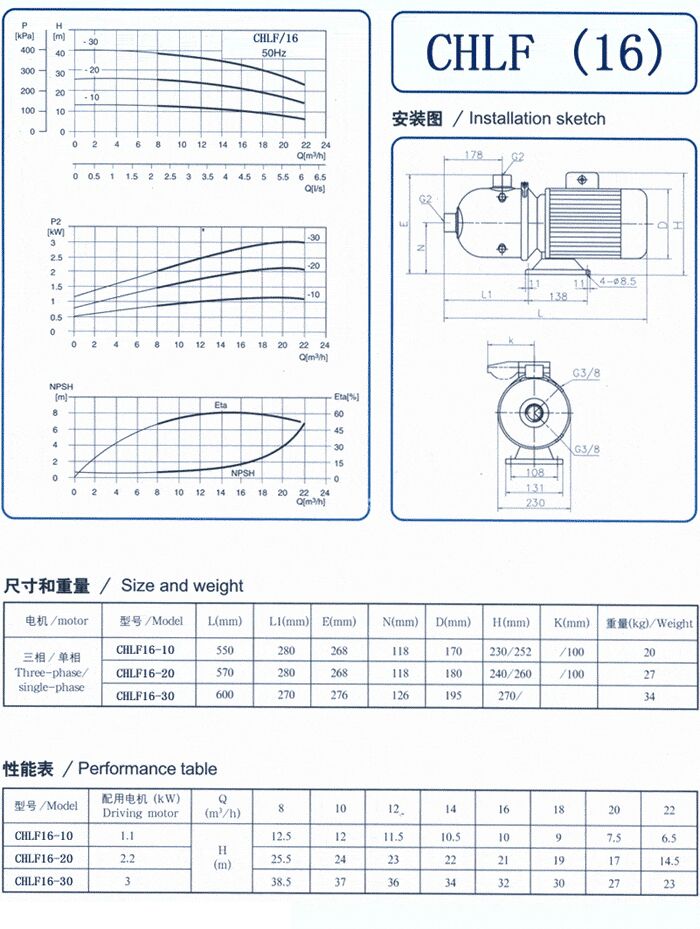 CHLF輕型不銹鋼多級(jí)離心泵尺寸和重量、性能表